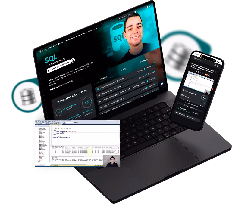 Notebook e smartphone com a plataforma SQL Impressionador e capturas de tela de aulas do curso